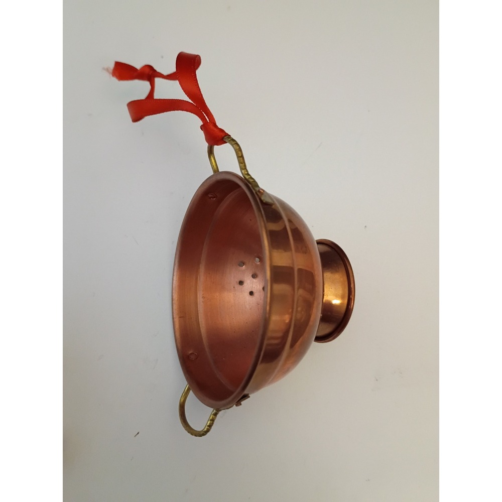 Vintage Miniature Copper Colander Ornament Brass Handles Red Ribbon Decor